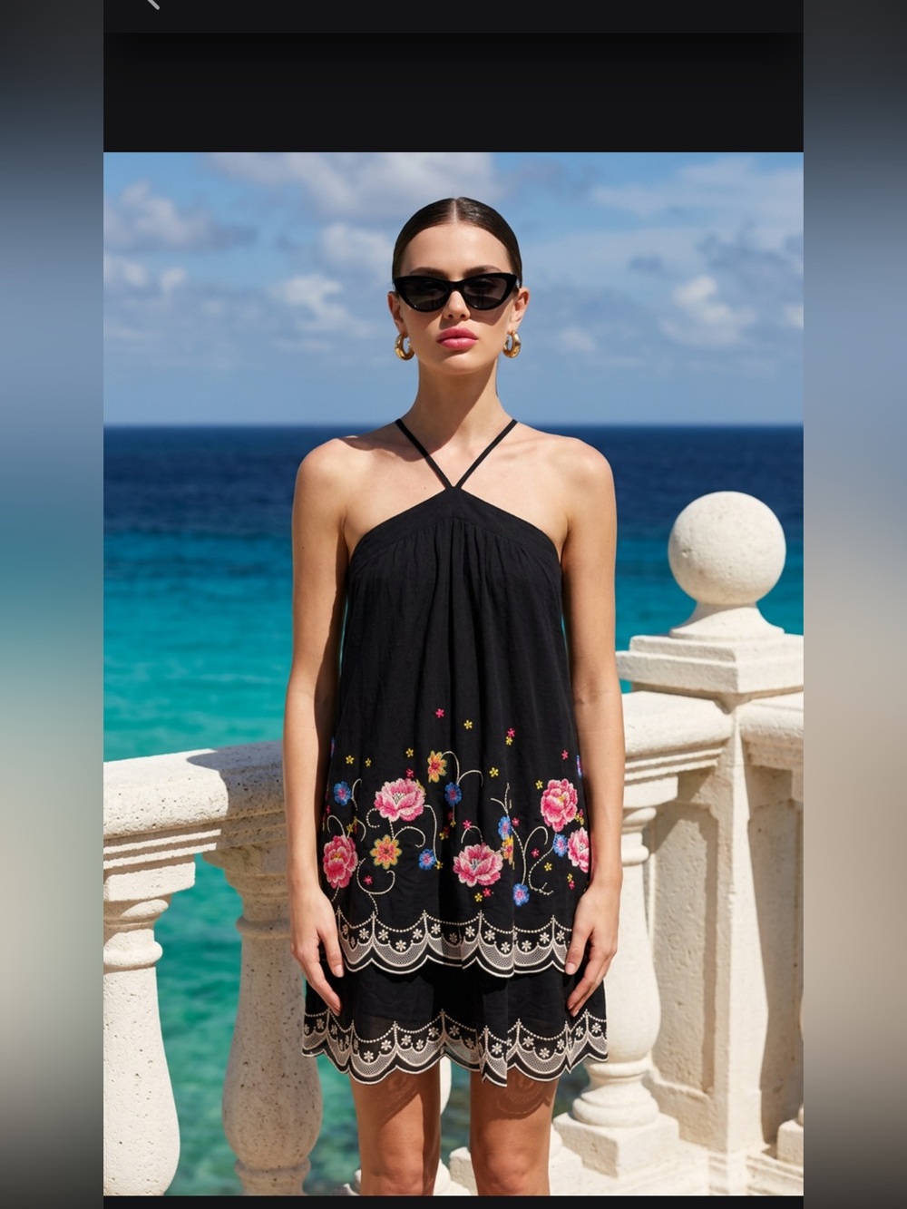 Women's Black Embroidered Halter dress adjustable straps